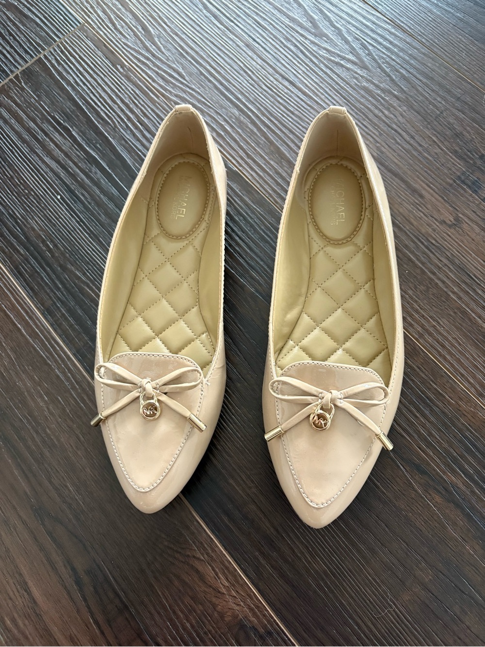 Michael Kors nude Pointed-Toe Bow Loafers with Gold Charm